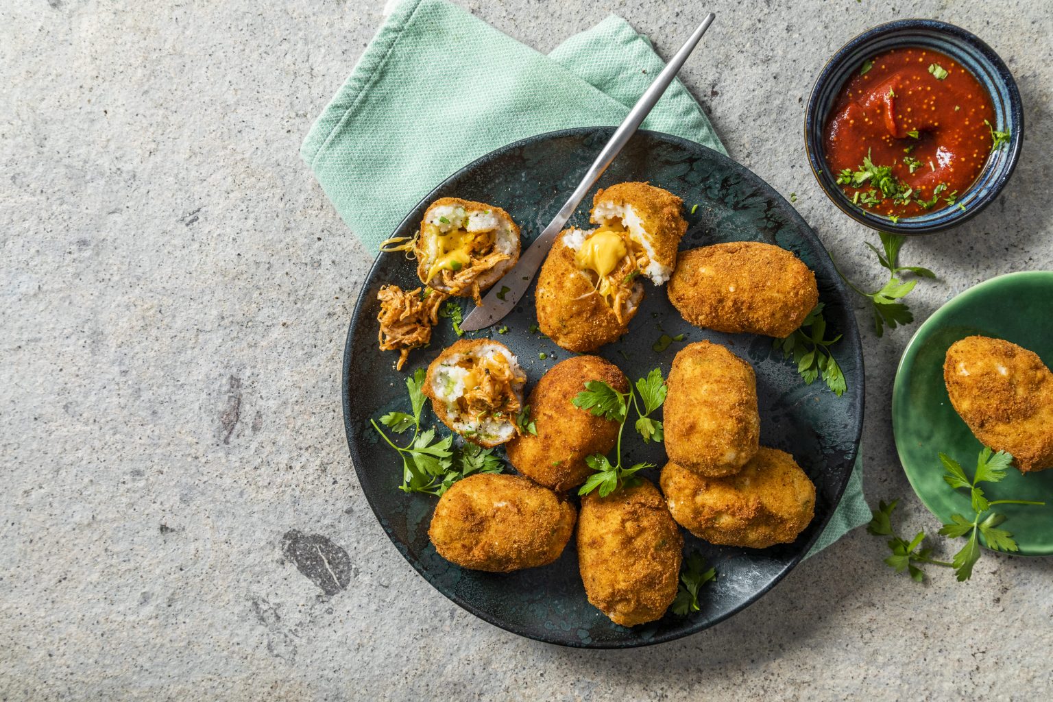 Cheesy pap, herb and chicken croquettes with sticky dipping sauce ...